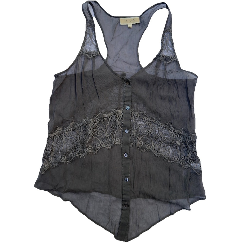 Lost April Anthropologie Silk Lace Tank Size Large Sheer Button Front Festival